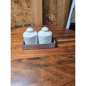Magnolia Home White Ceramic Salt and Pepper Shaker Set with Galvanized Tray